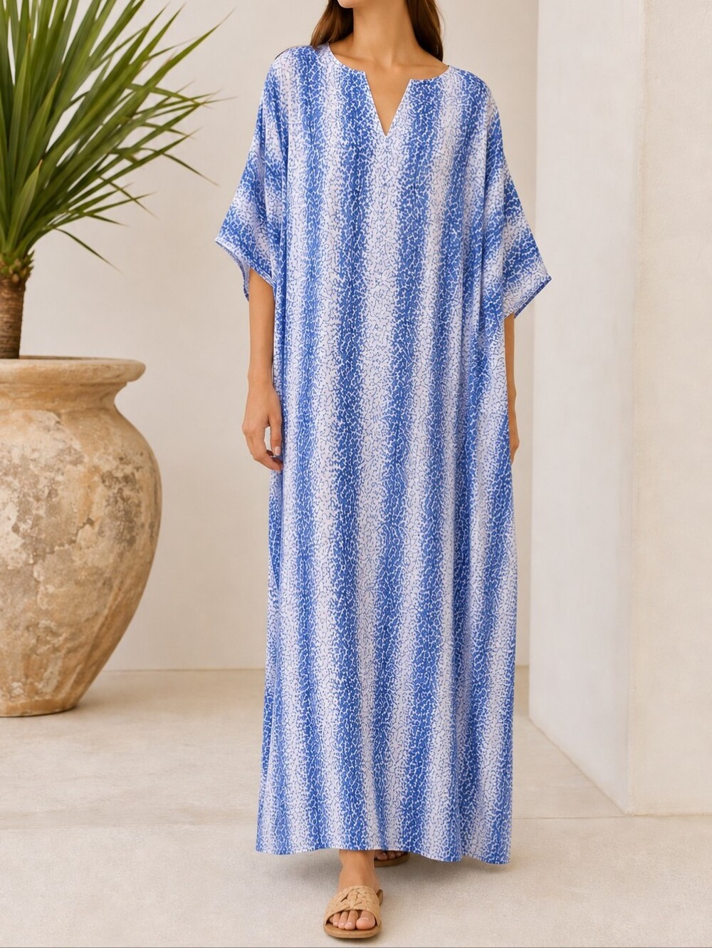 Tuckernuck Blue & White Speckled Stripe Kaftan Caftan Resortwear Cruise Lounge M